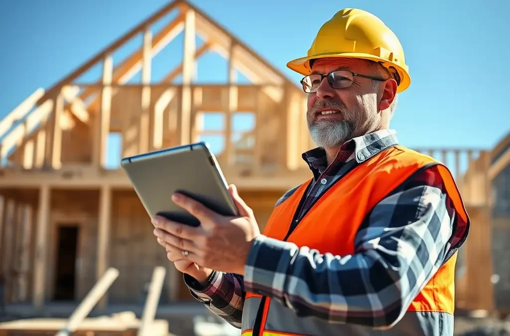 Gentleman with iPad in front of a home being built